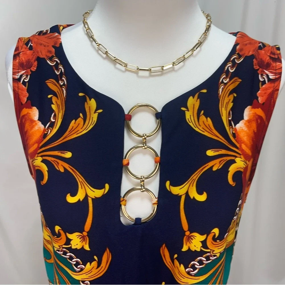 MSK Navy orange red Teal chain and floral print sleeveless dress women’s size M - Picture 3 of 16